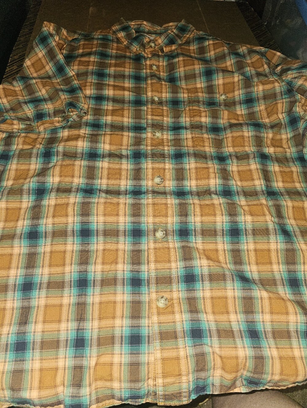 Duluth Trading Co Men's XL Brown and Teal Plaid Button-Down Short Sleeve Shirt